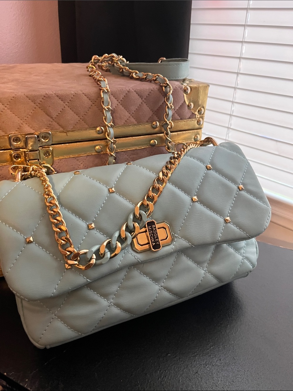 Badgley Mischka Quilted Pale Blue Shoulder Bag with Gold Chain